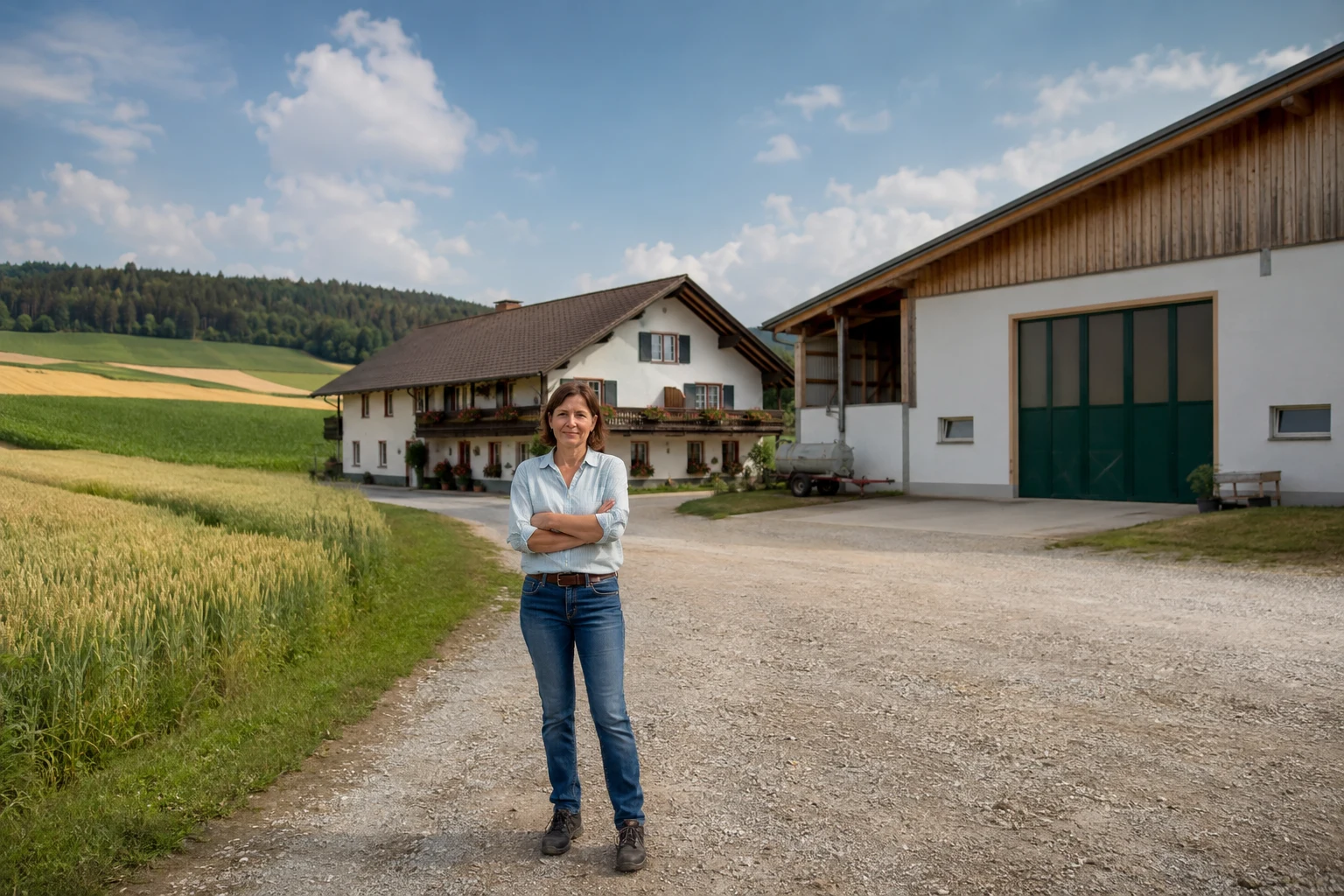 Eigentümerin vor einer österreichischen Hofstelle mit Wirtschaftsgebäude und Feldern