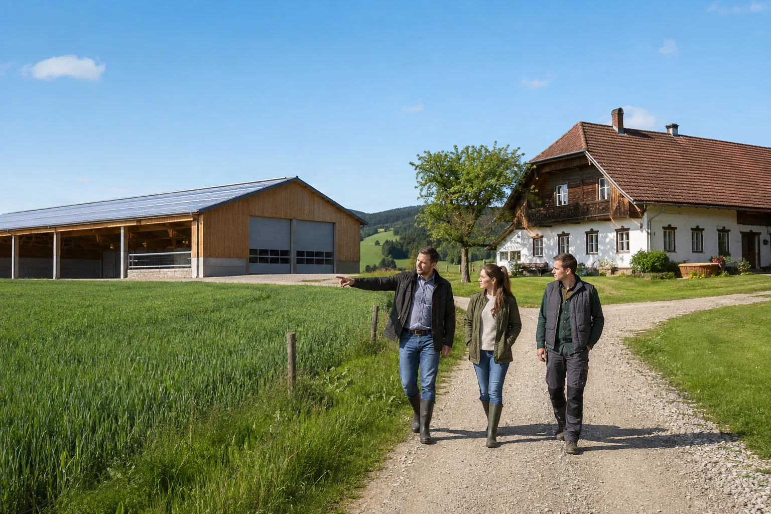 Kaufinteressenten besichtigen landwirtschaftliche Flächen und Wirtschaftsgebäude